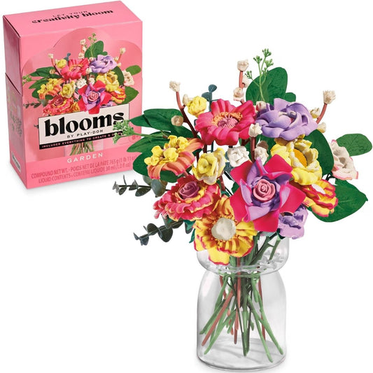 Play-Doh Blooms Garden Flower Bouquet Making Craft Kit pink box and completed colorful flower arrangement in clear vase.