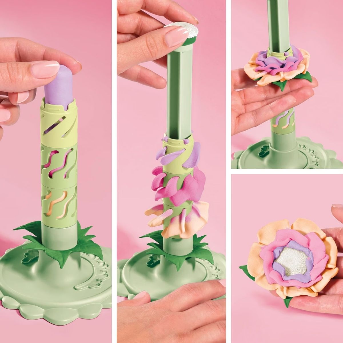 Hands using the plunger tool to assemble layered purple and pink Play-Doh flower petals.