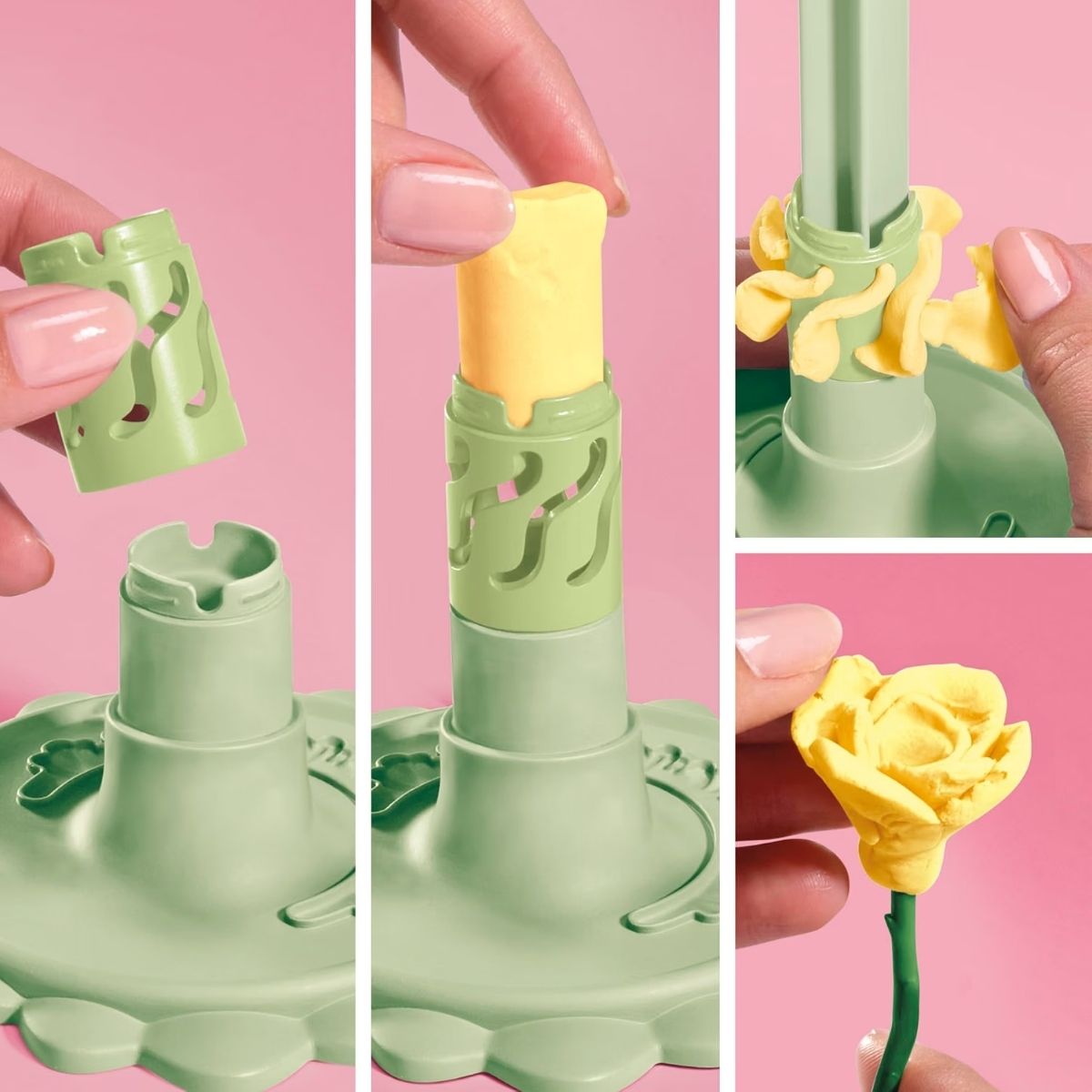 Close-up view of green flower maker press tool extruding yellow Play-Doh petals.