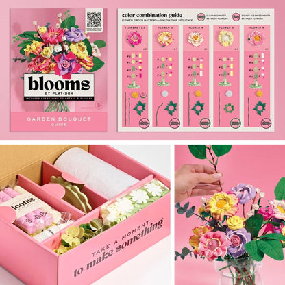 Unboxed kit contents showing 20 floral-scented pink and yellow compound sticks, tools, clear vase, and guide book.