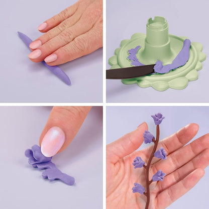 Hands rolling and shaping small lavender Play-Doh buds and green stem accents.