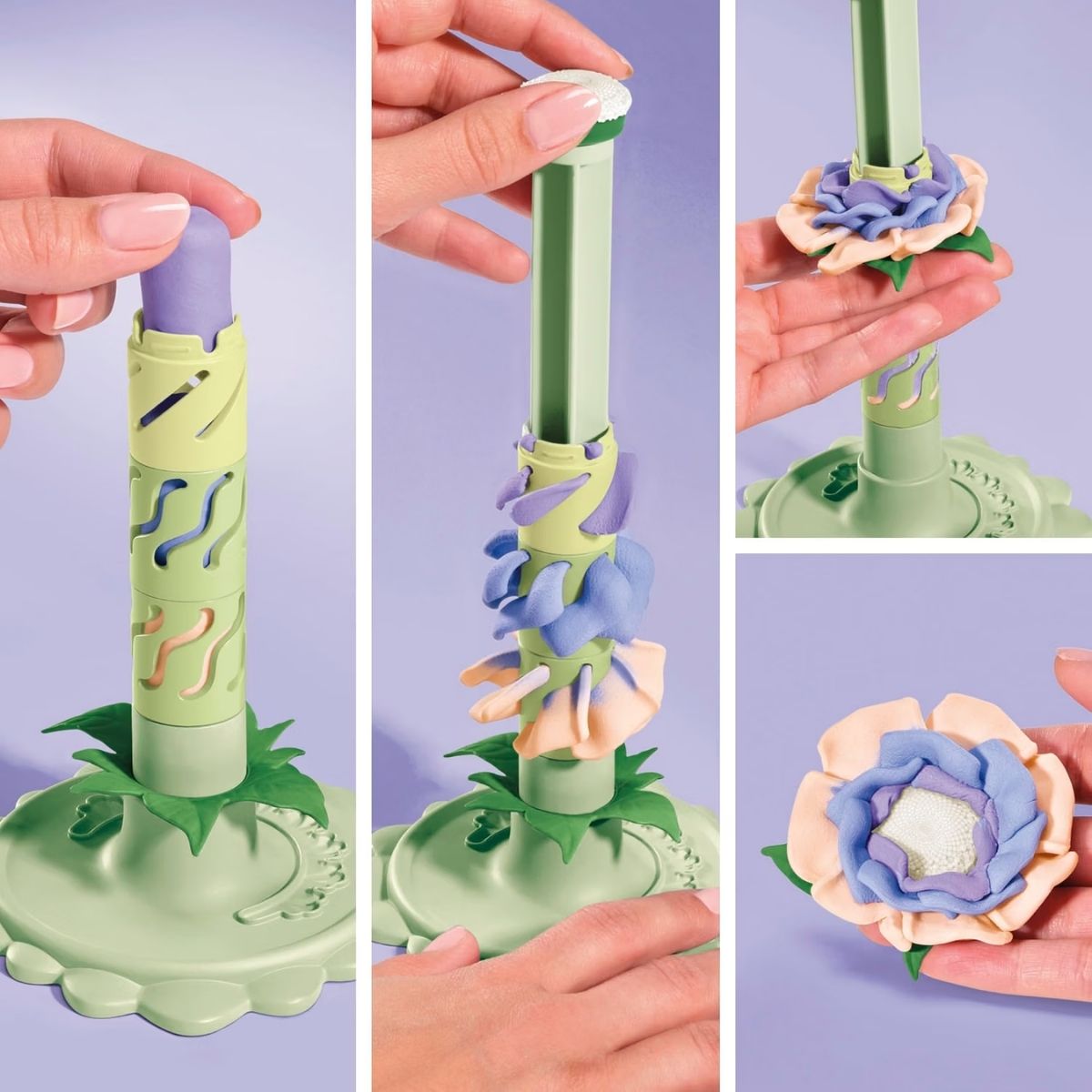Hands using the plunger tool to assemble layered purple Play-Doh flower petals on a stem.