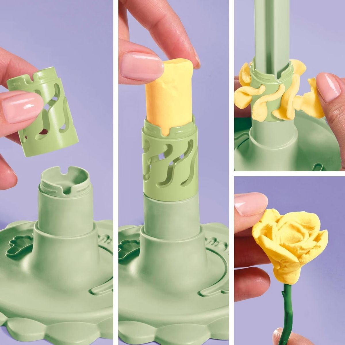 Close-up view of green flower maker press tool extruding yellow Play-Doh petals.