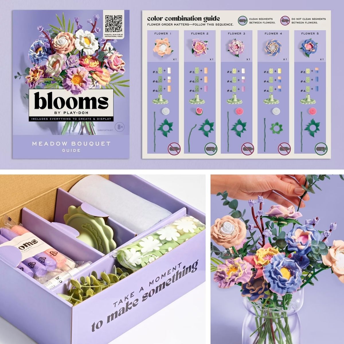 Unboxed kit contents showing 20 floral-scented compound sticks, tools, clear vase, and instruction book.