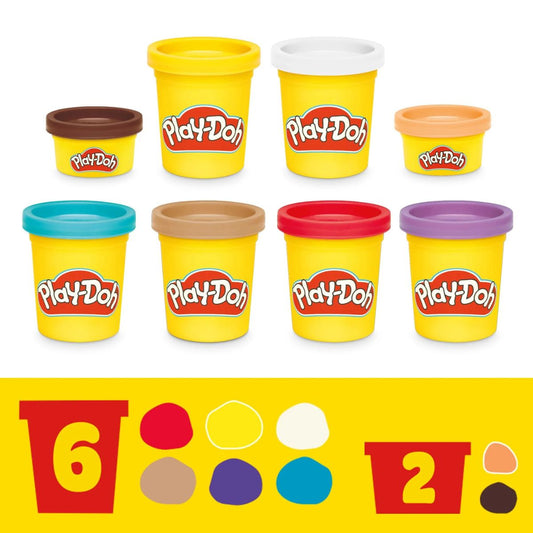 Color breakdown thumbnail displaying 6 standard Play-Doh cans and 2 small cans included in the Bluey camping set.