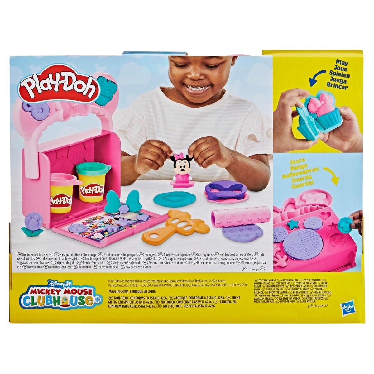 Back packaging thumbnail showing a child creating pretend Play-Doh bakery treats with the Minnie Mouse On-the-Go set.