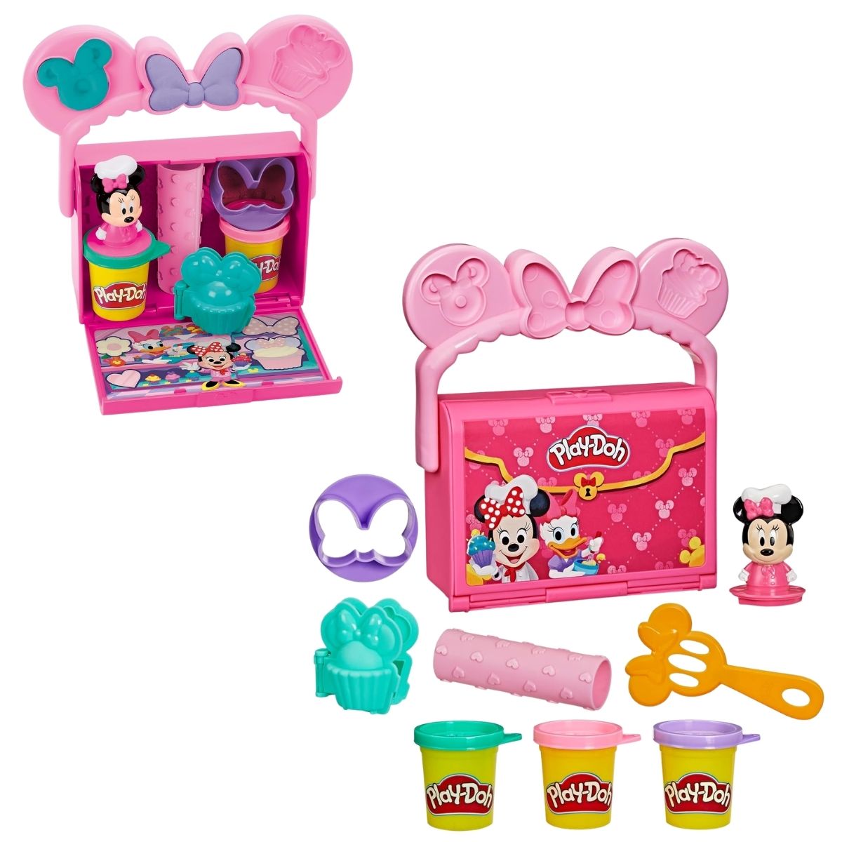 Layout thumbnail of open pink Minnie bakery case, textured rolling pin, spatula, cupcake press, bow mold, and Play-Doh compound cans.