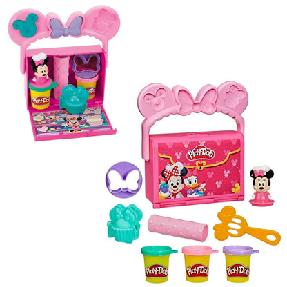 Layout thumbnail of open pink Minnie bakery case, textured rolling pin, spatula, cupcake press, bow mold, and Play-Doh compound cans.