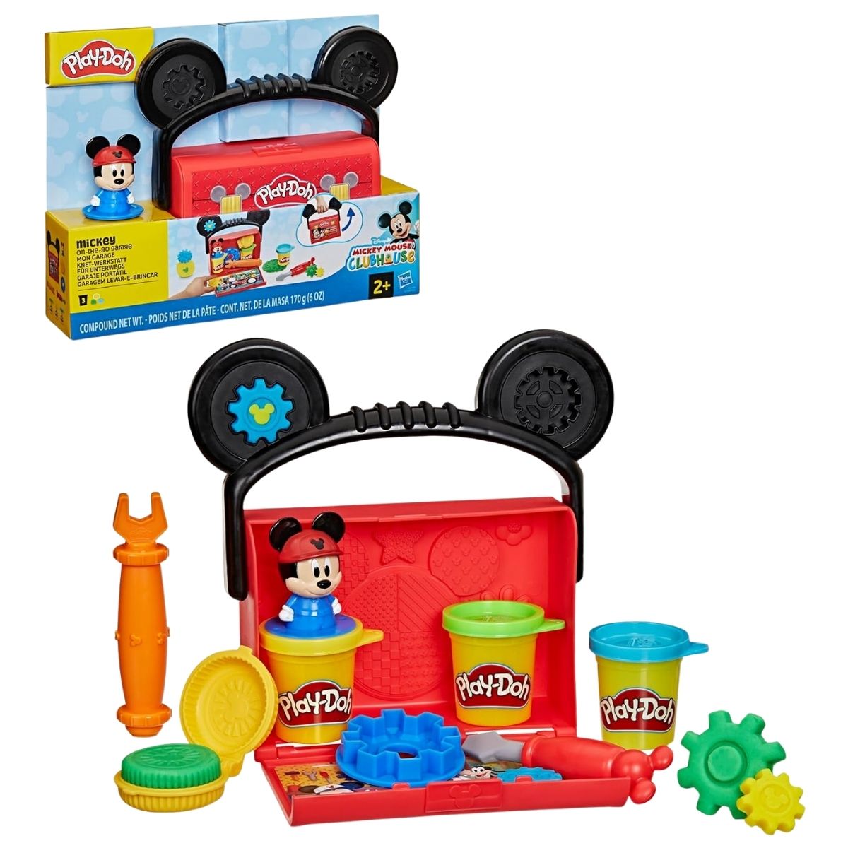 Play-Doh Disney Junior Mickey Mouse Clubhouse On-the-Go Garage packaging box next to red carrying case with Mickey ears, garage tools, gear molds, and Play-Doh compound cans.