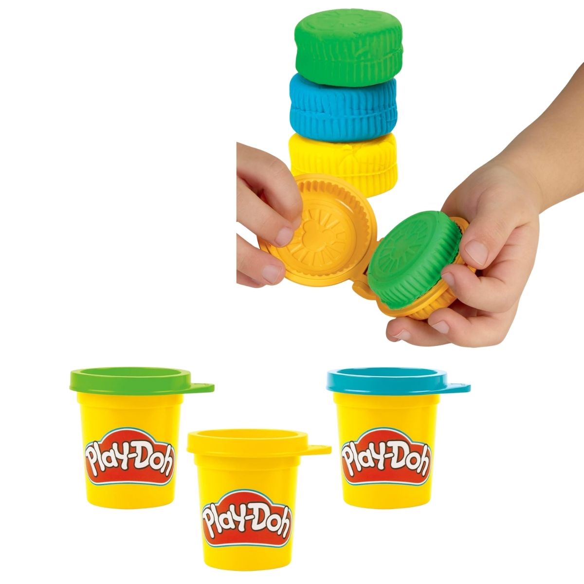 Hands-on play thumbnail showing kids stamping Play-Doh compound using yellow tire molds next to Play-Doh cans.