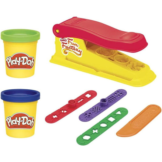 Layout thumbnail of the mini yellow Fun Factory press, three interchangeable shaping rails, orange cutting knife, and two Play-Doh cans.