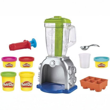 All included components laid out showing toy blender, 5 Play-Doh cans, cups, spoon, extruder, and mold tray.