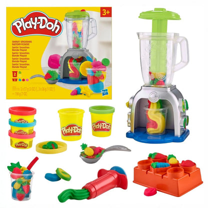 Play-Doh Swirlin' Smoothies Toy Blender Playset with toy blender, 5 compound cans, mold tray, extruder, and serving cups.