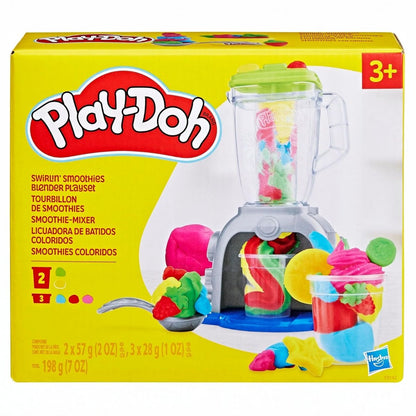 Front view of retail box packaging for Play-Doh Swirlin' Smoothies Toy Blender Playset.