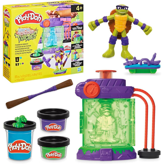 Play-Doh Teenage Mutant Ninja Turtles Mutation Station Playset box next to green mutation chamber, 4-inch Donatello figure, bo staff, molds, and compound cans.