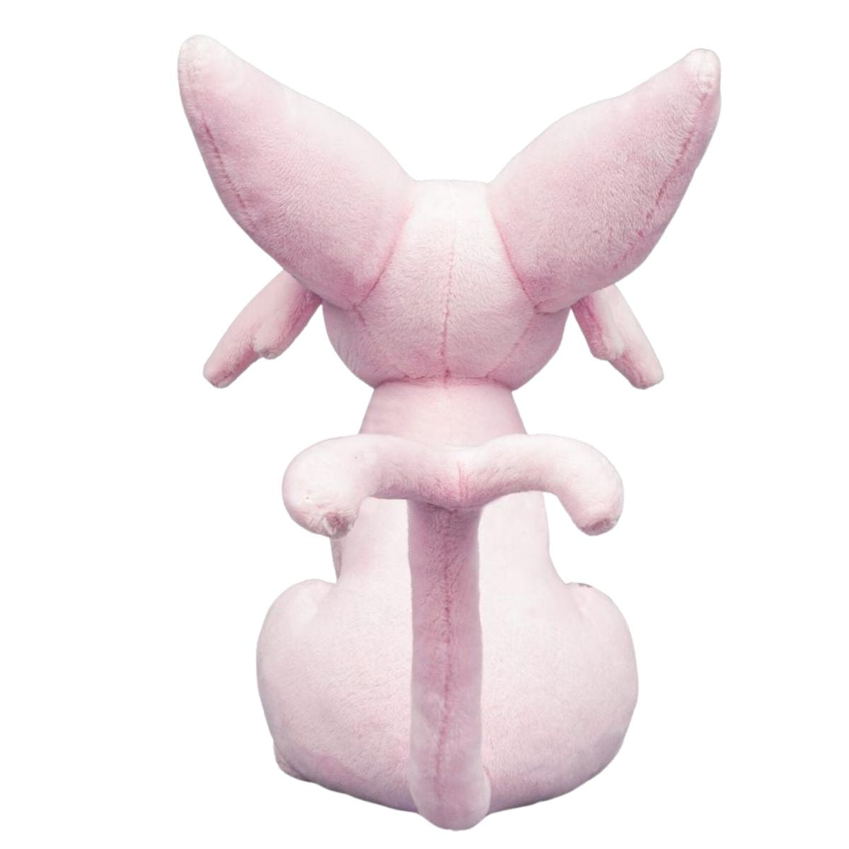 Back view of Pokemon 30th Anniversary pastel Espeon plush showing split forked tail and large ears.
