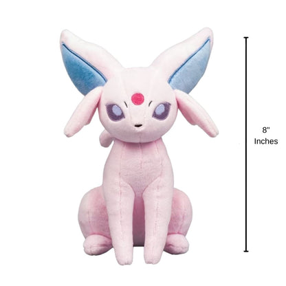 Pokemon 30th Anniversary pastel Espeon stuffed animal plush with 8-inch height scale measurement graphic.