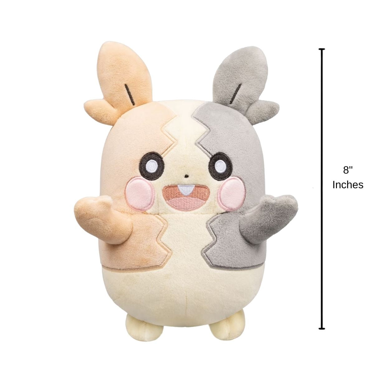 Pokemon 30th Anniversary pastel Morpeko stuffed animal plush with 8-inch height scale measurement graphic.