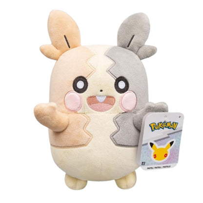 Pastel Morpeko 8-inch plush showing attached official Pokemon 30th Anniversary product tag.