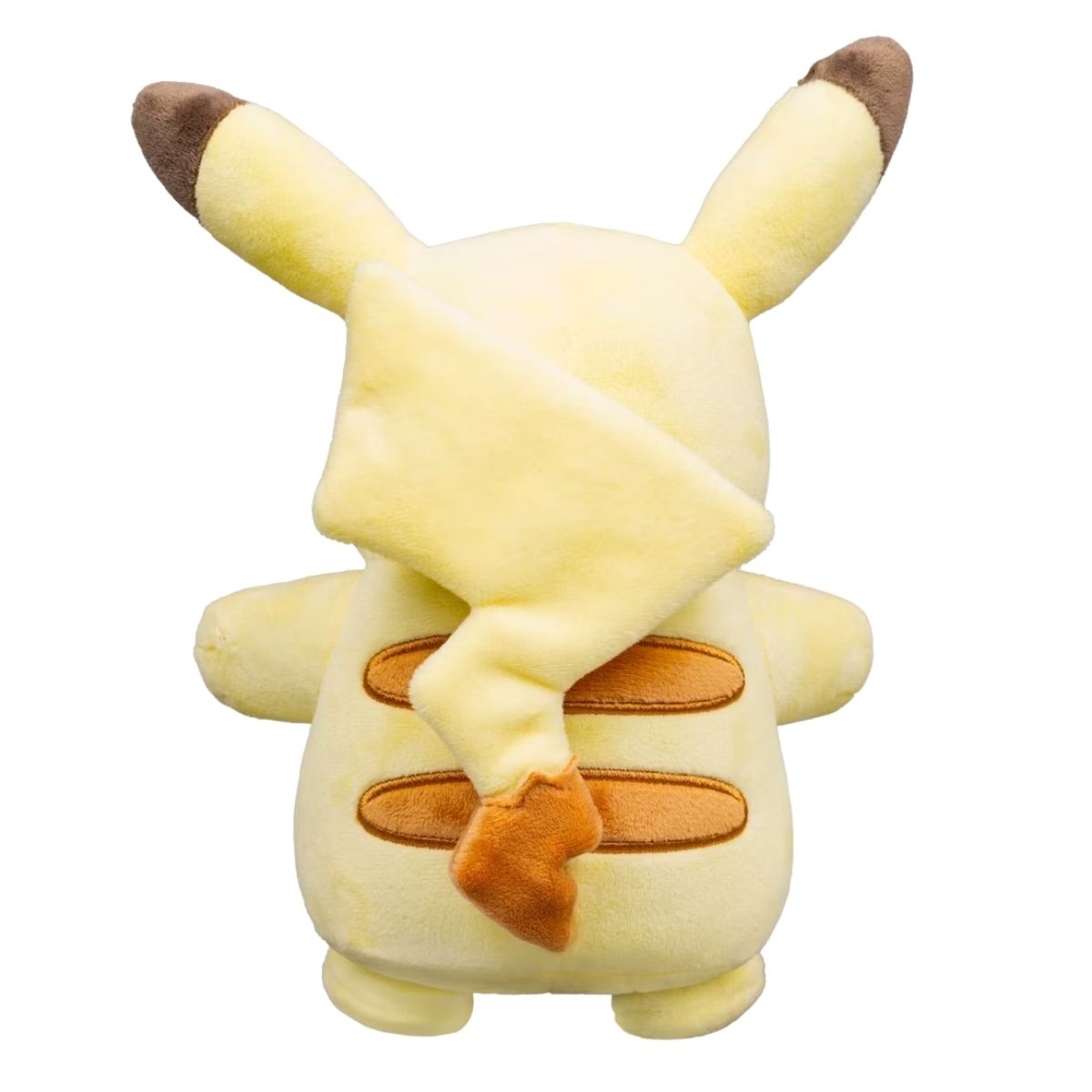 Back view of Pokemon 30th Anniversary pastel Pikachu plush showing lightning bolt tail and brown stripes.