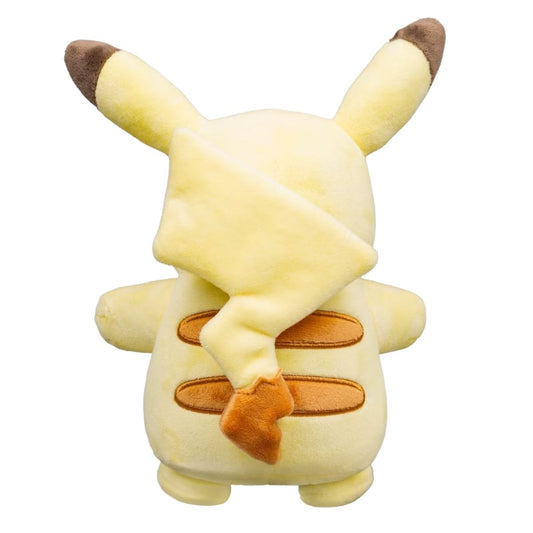 Back view of Pokemon 30th Anniversary pastel Pikachu plush showing lightning bolt tail and brown stripes.