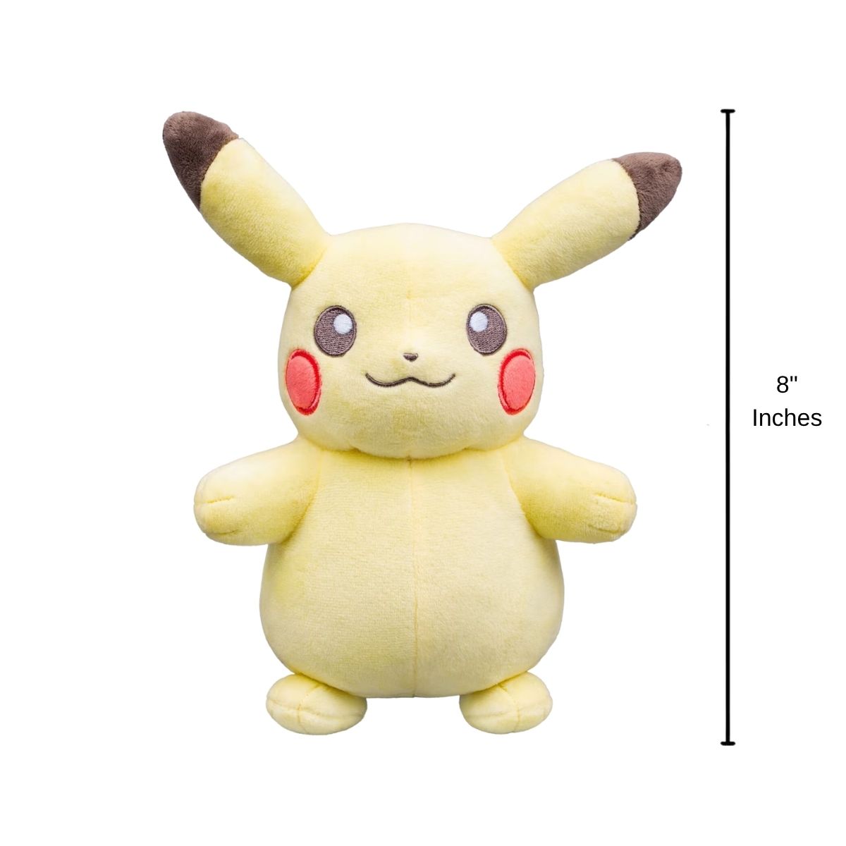 Pokemon 30th Anniversary pastel Pikachu stuffed animal plush with 8-inch height scale measurement graphic.