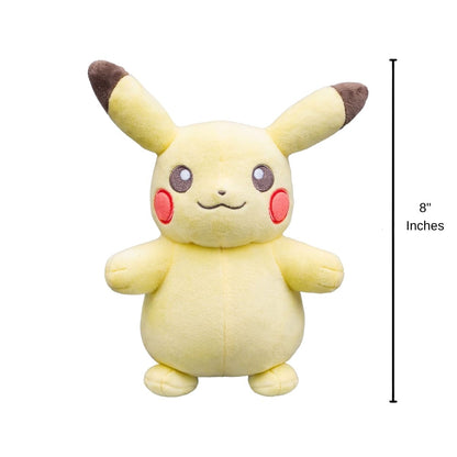 Pokemon 30th Anniversary pastel Pikachu stuffed animal plush with 8-inch height scale measurement graphic.