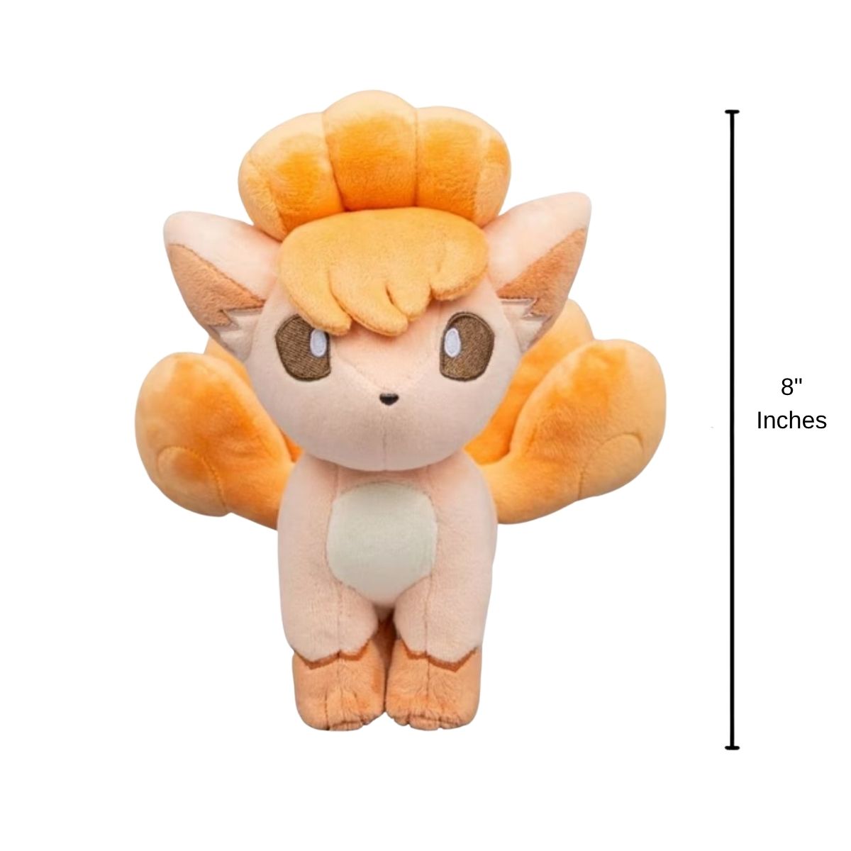 Pokemon 30th Anniversary pastel Vulpix stuffed animal plush with 8-inch height scale measurement graphic.