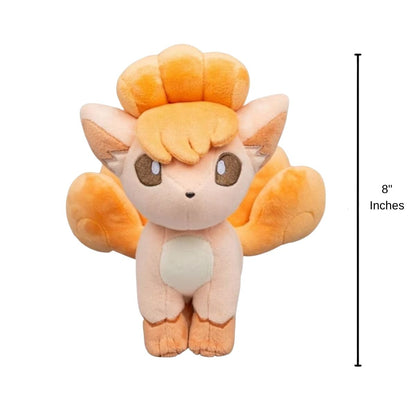 Pokemon 30th Anniversary pastel Vulpix stuffed animal plush with 8-inch height scale measurement graphic.