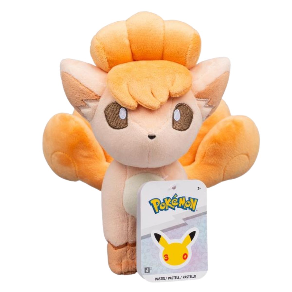 Pastel Vulpix 8-inch plush showing attached official Pokemon 30th Anniversary product tag.