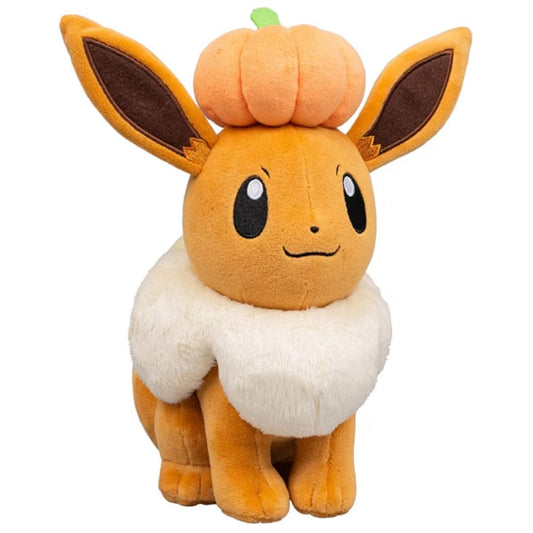 Three-quarter view thumbnail of Pokémon Halloween Eevee plush showing white fluffy collar and pumpkin hat.