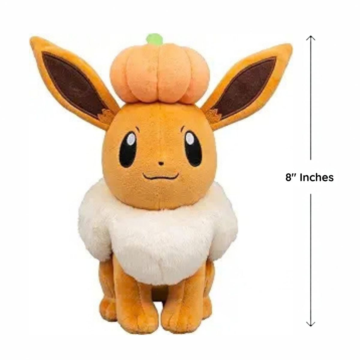Front view of Pokémon Halloween Eevee plush standing next to an 8-inch height measurement graphic.