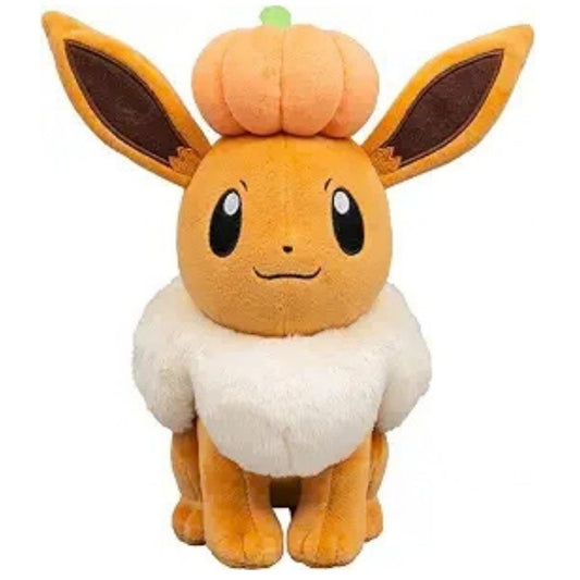 Pokémon Halloween 8-inch Eevee plush stuffed animal toy wearing an orange pumpkin hat between its ears.