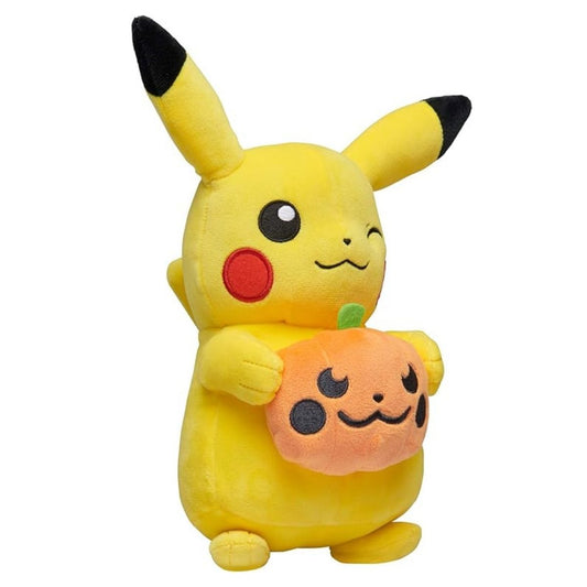 Three-quarter view thumbnail of Pokémon Halloween Pikachu plush holding a jack-o'-lantern pumpkin.