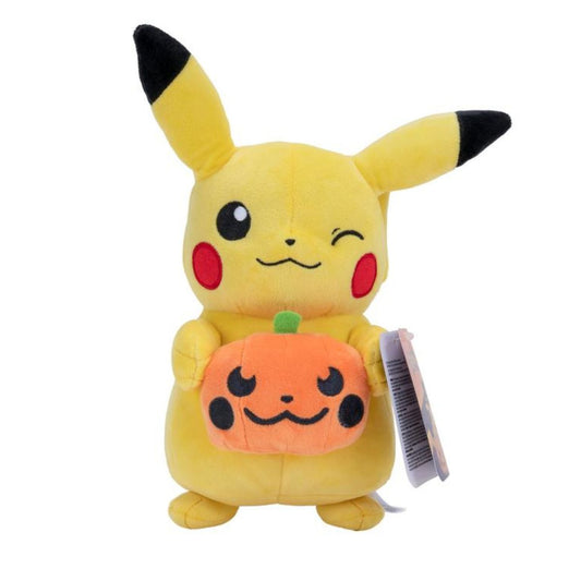 Pokémon Halloween 8-inch Pikachu plush stuffed animal toy winking and holding an orange pumpkin.