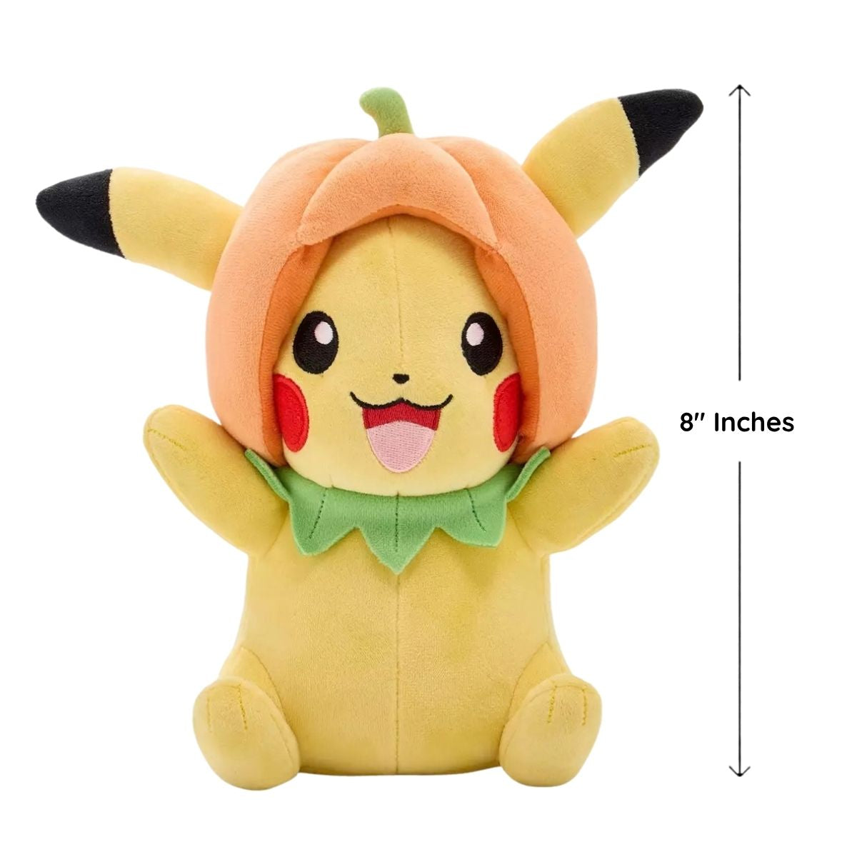 Front view of Pokémon Halloween Pikachu plush sitting next to an 8-inch height measurement graphic.