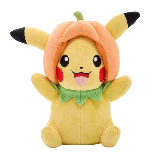 Pokémon Halloween 8-inch Pikachu plush stuffed animal toy wearing an orange pumpkin hood with green leaf collar.