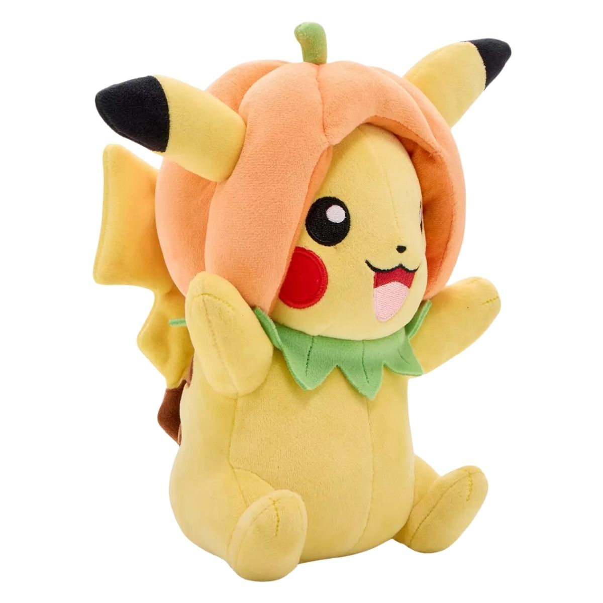 Three-quarter view of sitting Pokémon Halloween Pikachu plush in pumpkin costume.