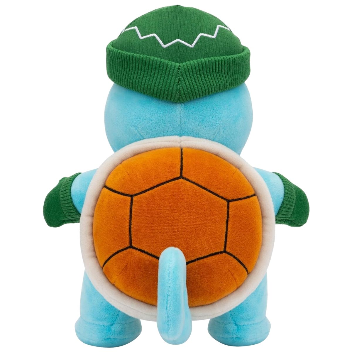 Back view of Holiday Squirtle plush showing brown shell, curled tail, and green knit beanie.