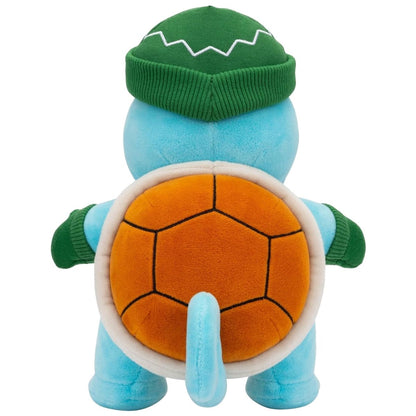 Back view of Holiday Squirtle plush showing brown shell, curled tail, and green knit beanie.