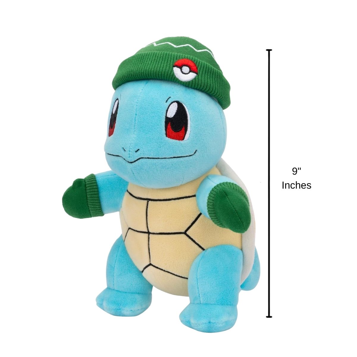 Pokemon Holiday Squirtle stuffed animal plush with 9-inch height scale measurement graphic.