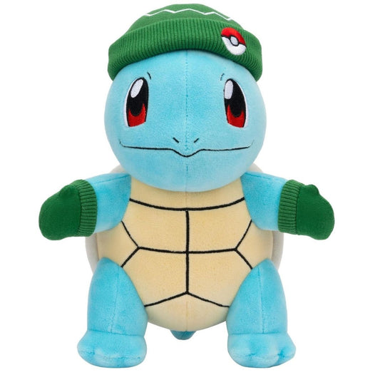 Front standing view of Pokemon Holiday Squirtle 9-inch stuffed animal plush in green beanie and mittens.