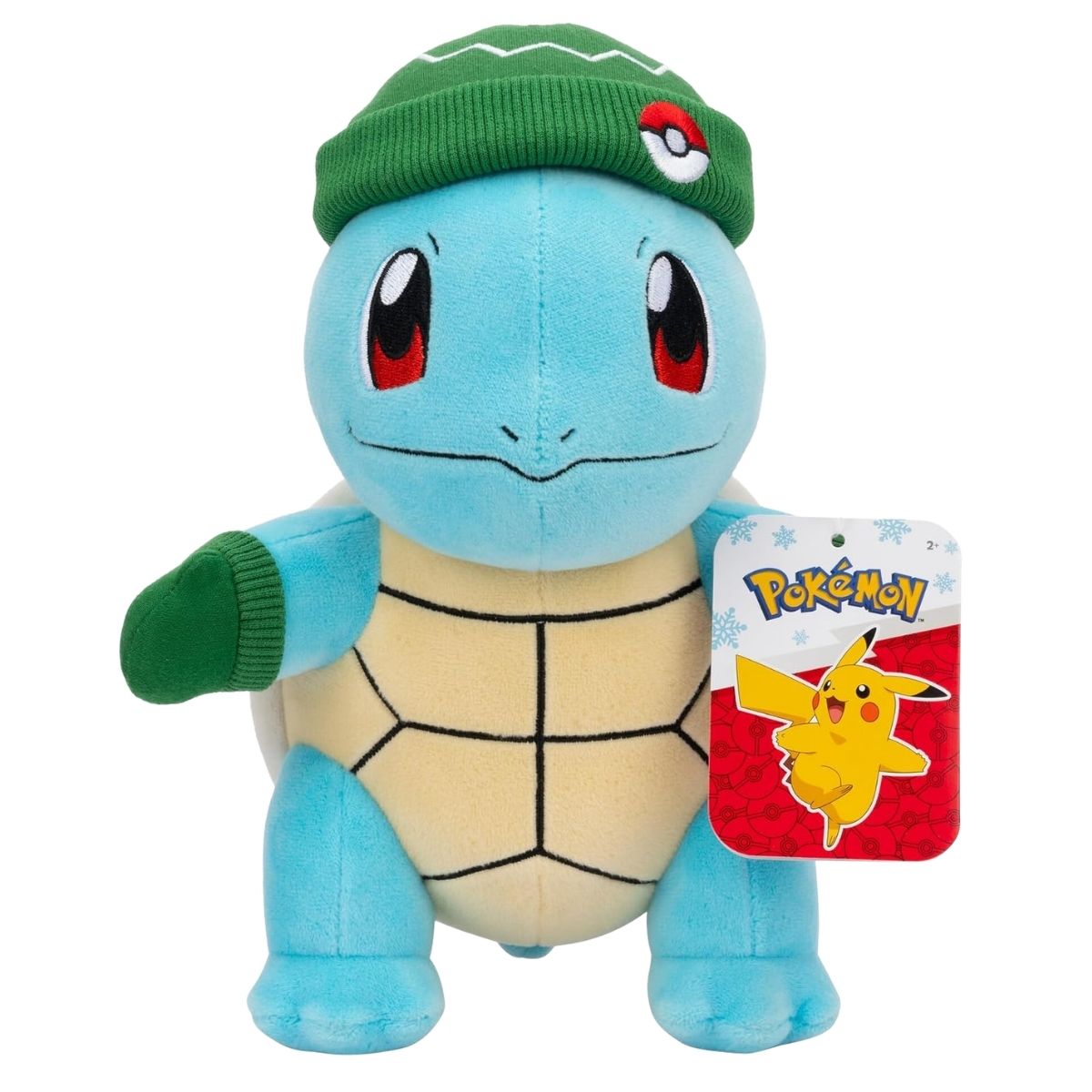 Holiday Squirtle 9-inch plush showing attached official Pokemon holiday product hang tag.