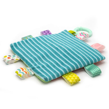 Close up of the colorful satin loop tags and patterned fabric on the Painted Pony crinkle lovey.