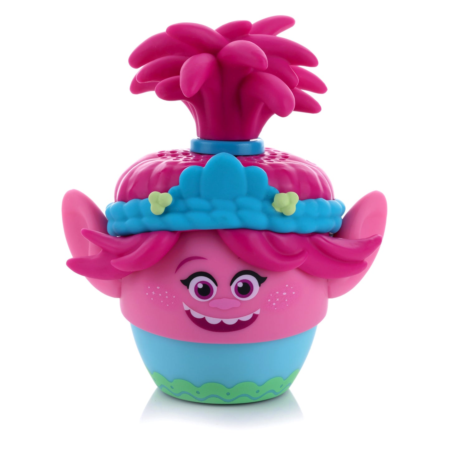 Front view of the Bitty Boomers DreamWorks Trolls Poppy mini Bluetooth speaker featuring her bright pink skin, tied-up pink hair, and blue floral headband.