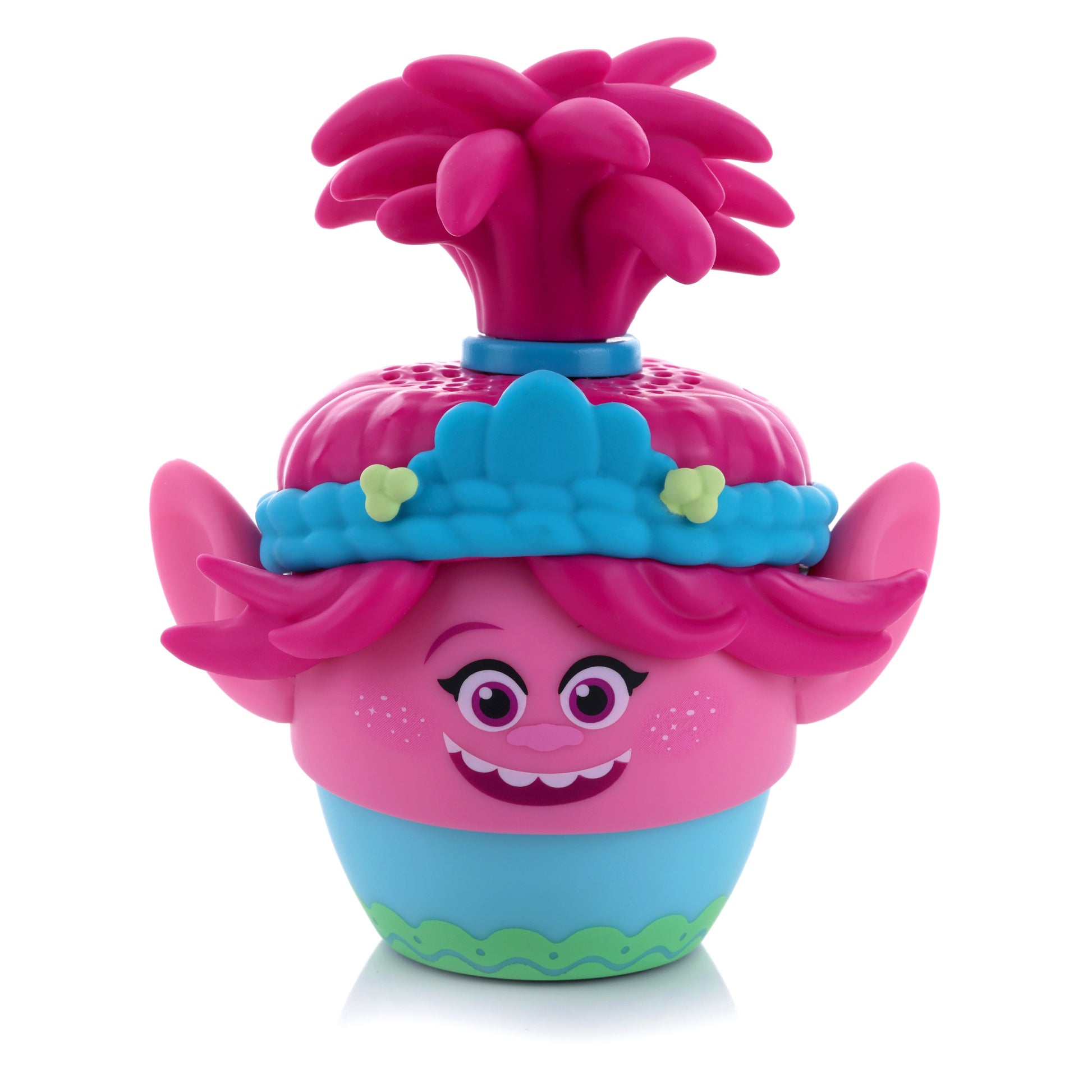 Front view of the Bitty Boomers DreamWorks Trolls Poppy mini Bluetooth speaker featuring her bright pink skin, tied-up pink hair, and blue floral headband.