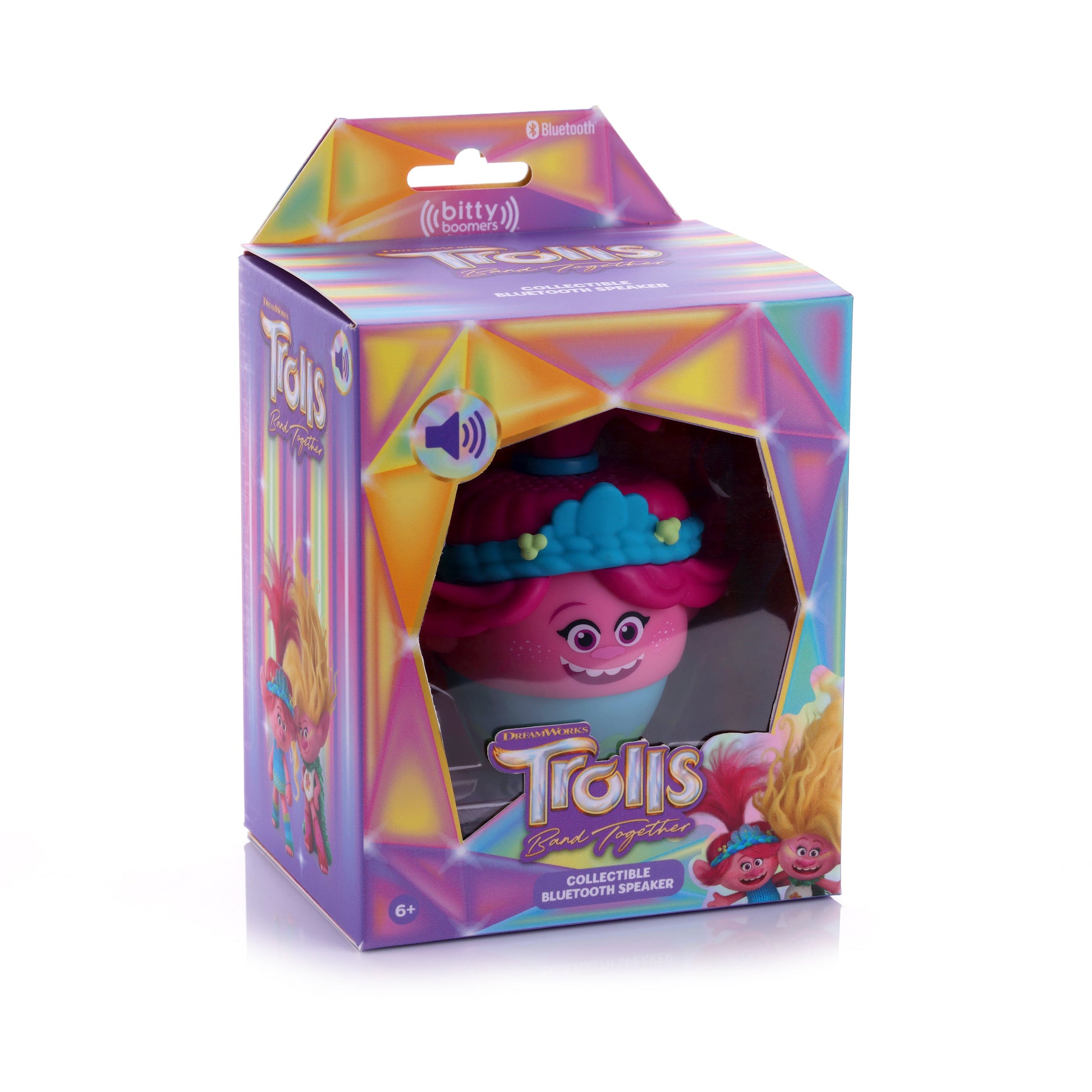 Front view of the Poppy mini Bluetooth speaker inside its official colorful DreamWorks Trolls display packaging.