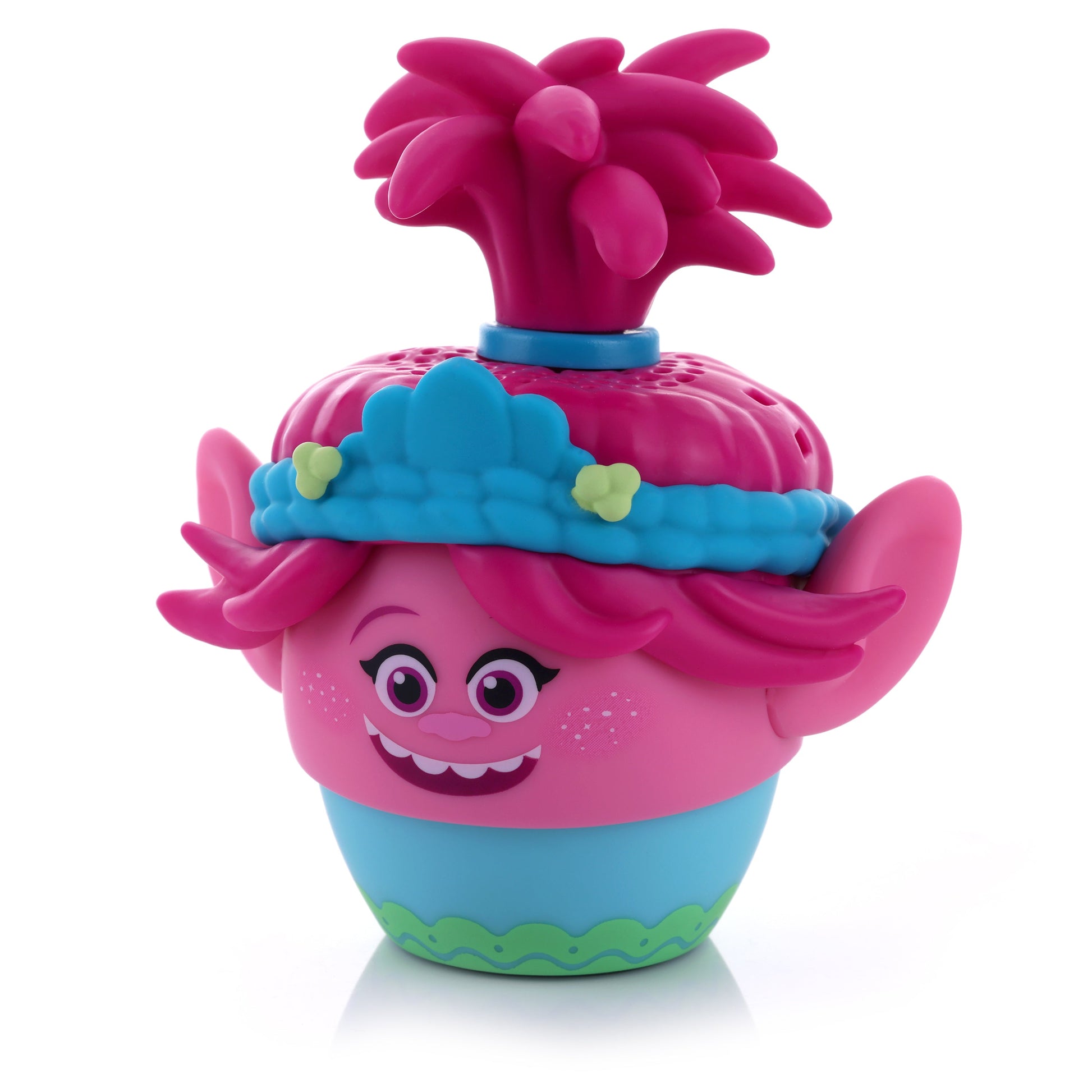 Angled right view of the Poppy Bluetooth speaker highlighting her blue and green base and top speaker grill hidden beneath her hair.