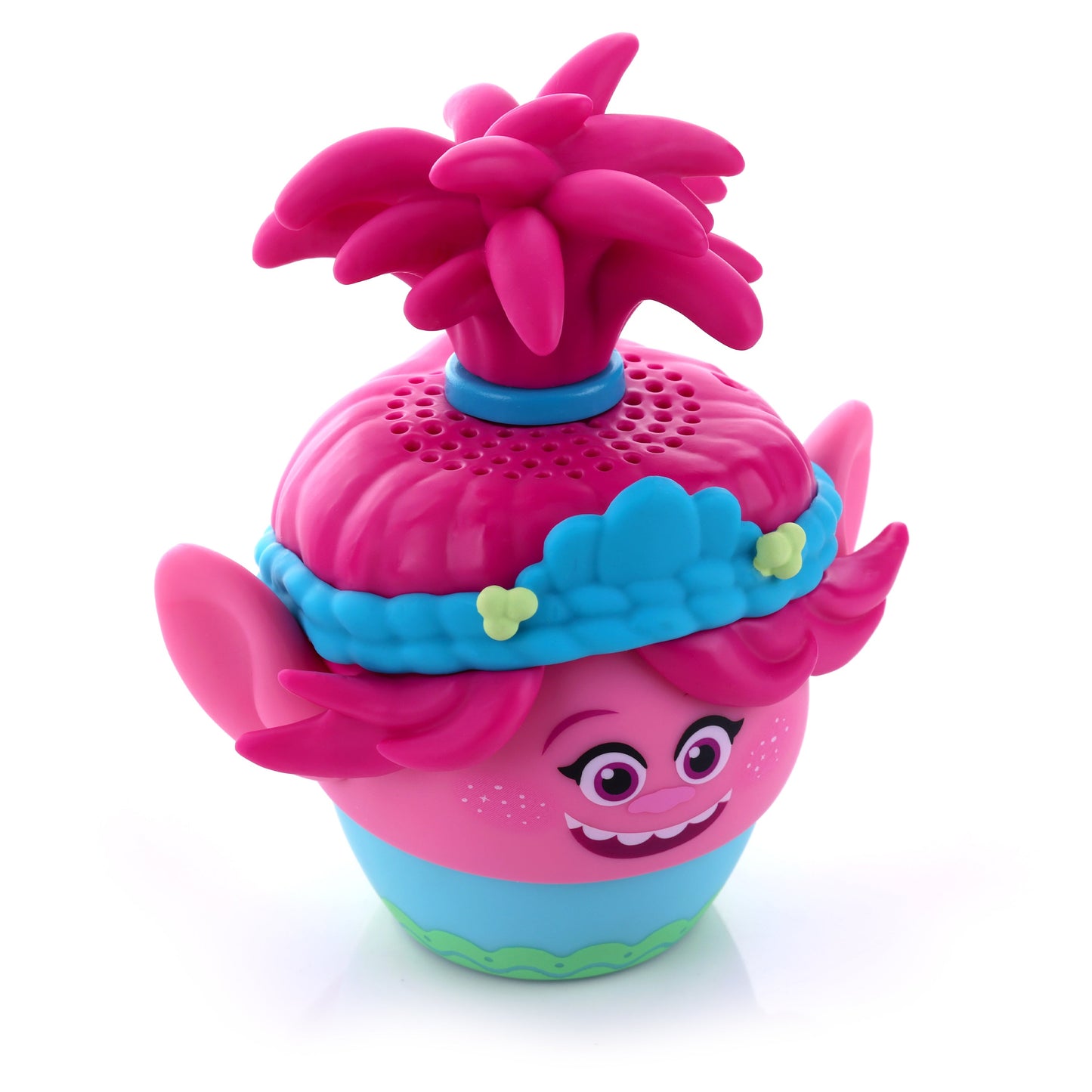 Front view of the Poppy mini Bluetooth speaker inside its official colorful DreamWorks Trolls display packaging.