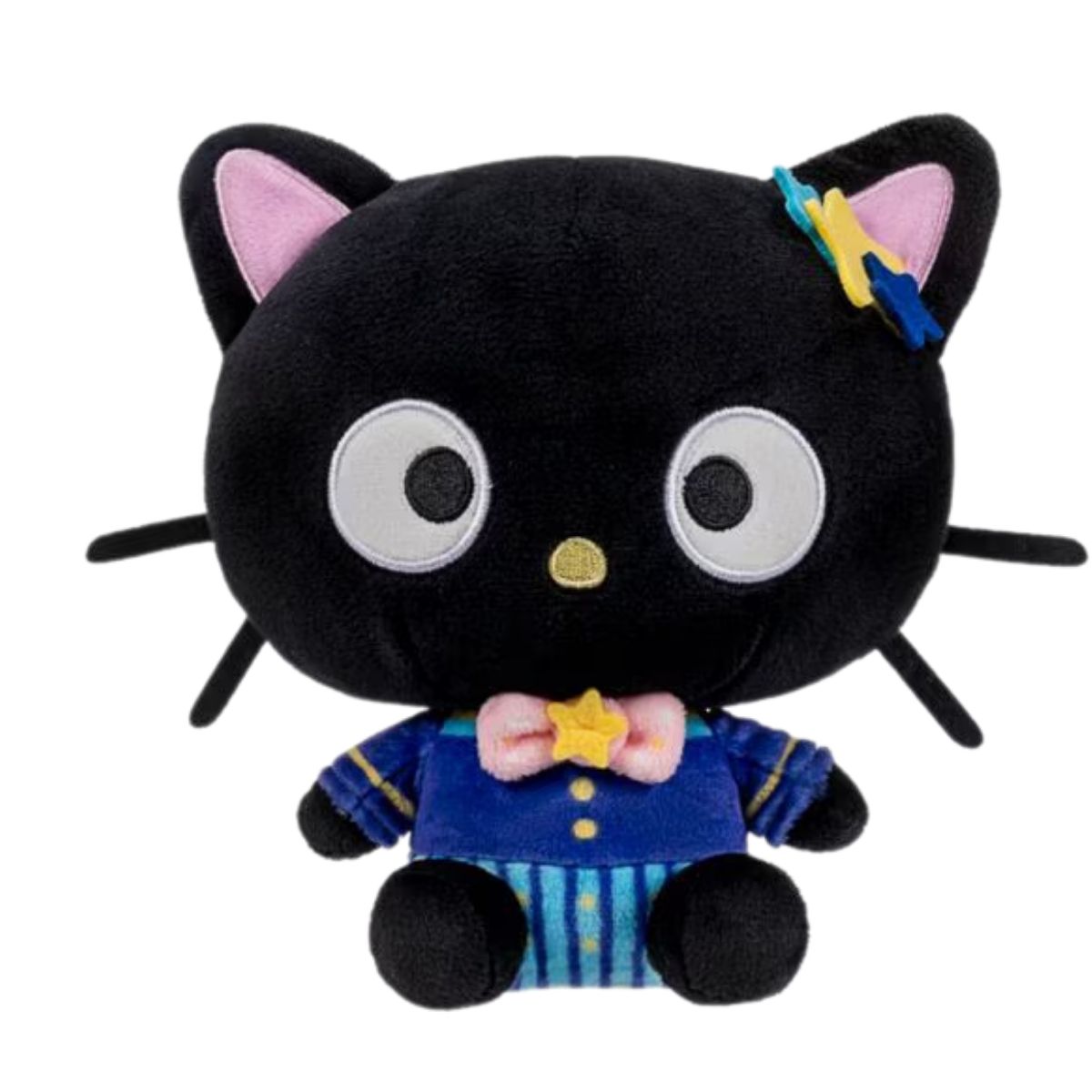 Sanrio Dreamy Starlight 8-inch Chococat stuffed animal plush with yellow nose in navy pajama suit front view.